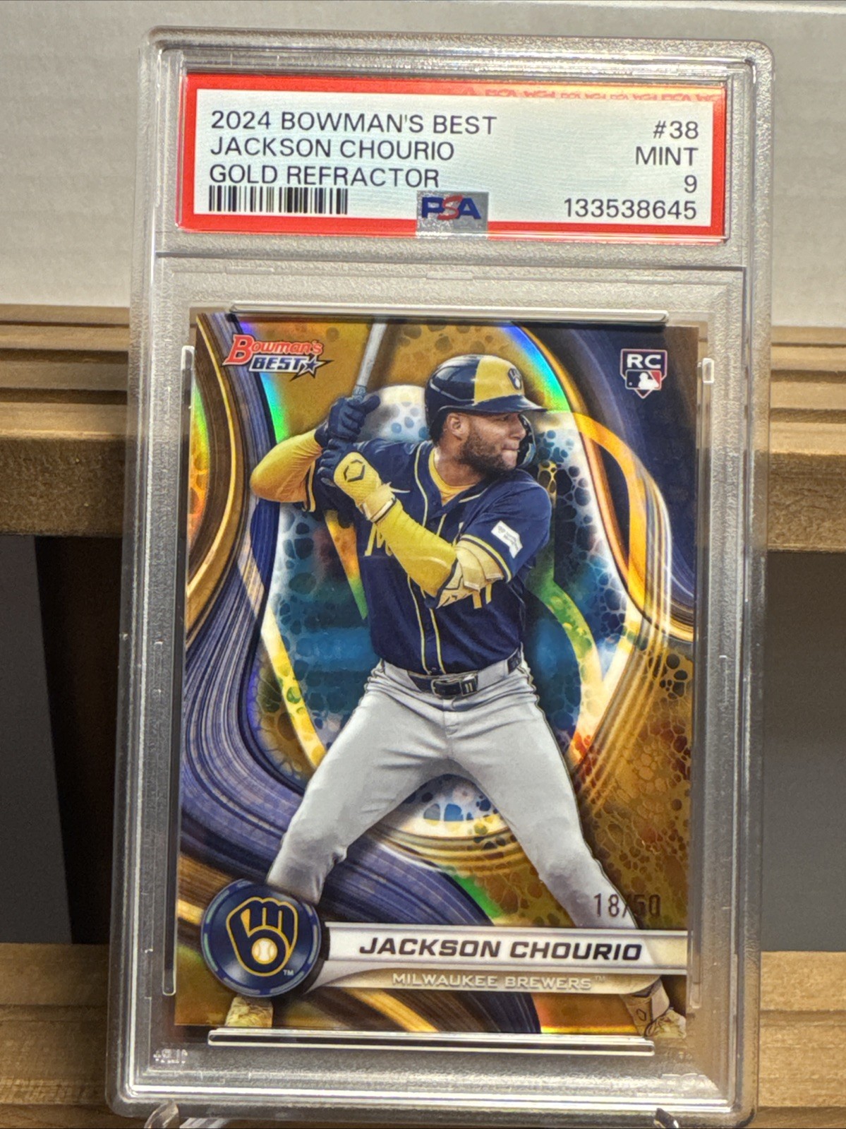 Jackson Chourio RC 2024 Bowmans Best Gold Refractor /50 #38 Rookie Card PSA 9