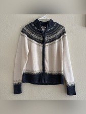 Tiara International Fair Isle Full Zip Cardigan Sweater Knit Cream Navy M/L
