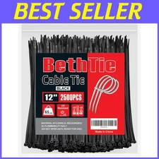 Black 12 Inch Zip Ties 2500 Pack, 65 LBS Tensile Strength