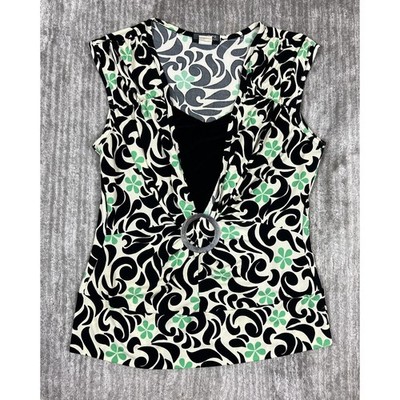 J.T.B. Blouse Womens Medium Green Black White Floral Swirl Ring Faux Wrap Top