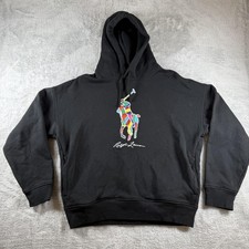 Polo Ralph Lauren Hoodie Mens Medium Black Colorful Big Pony Pullover Sweatshirt