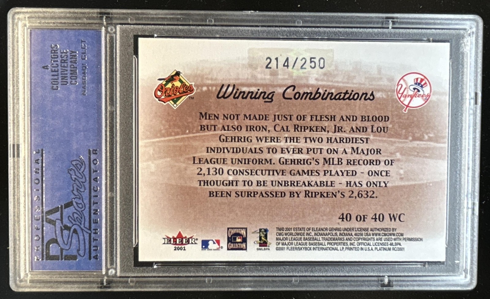 2001 Fleer Platinum Cal Ripken Jr. Lou Gehrig Winning Combinations RC /250 PSA 9 view 2