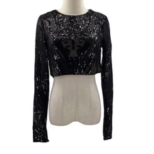 LULU'S Sz S Luxe Aesthetic Black Sequin Long Sleeve Top Blouse NEW B23 flaw