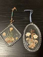 Vintage Dried Pressed Flower Sun Catchers Pewter Frames Set of Two 5  