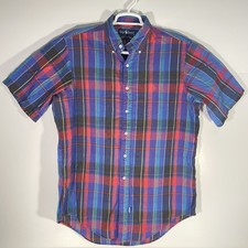 VTG 80  s Ralph Lauren Madras Cotton Hand Woven Large Button Down S/S Blue Plaid