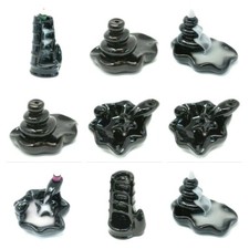 Image of Black Back Flow Incense Burner Cones Bamboo Fountain Pebbles Lotus Flower