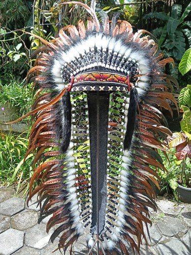 Rosegold langer Hut echte Feder Stirnband Indianer Kopfschmuck Warbonnet Handarbeit - Bild 2 von 5
