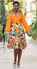 Size 16 Ashro Lilada Bubble-Hem Glitzy Buttons Floral Orange Multi Gown Dress