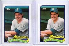 2 CARD LOT 1989 TOPPS #199 MIKE SCHOOLER SEATTLE MARINERS ROOKIE CARD FREE SHIP