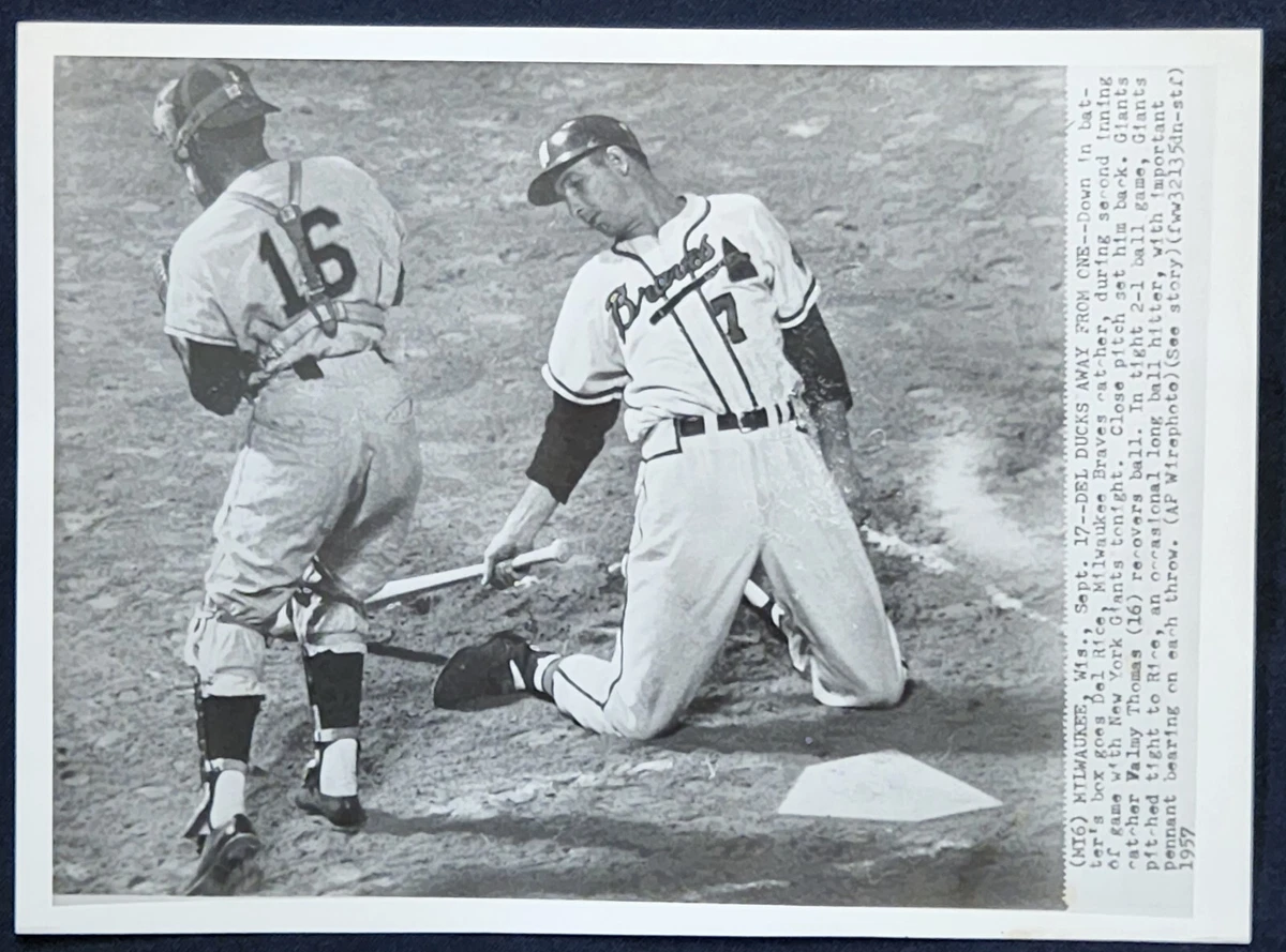 Del Rice Baseball Press Photo 1957 Milwaukee Braves vs. New York Giants