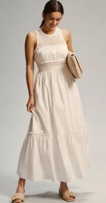 Anthropologie x Mare Mare Classic Smocked Tiered Preppy White Maxi Dress XS NWT