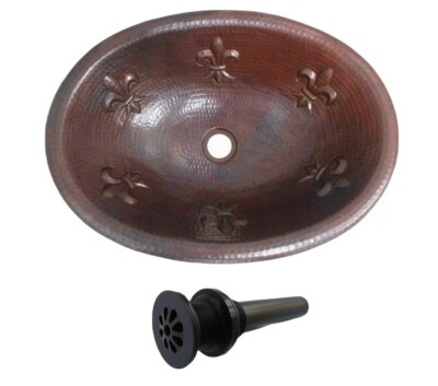 19'' x 14'' Oval Copper Bath Sink Fleur de Lis Motif Drop-In / Vessel with DRAIN