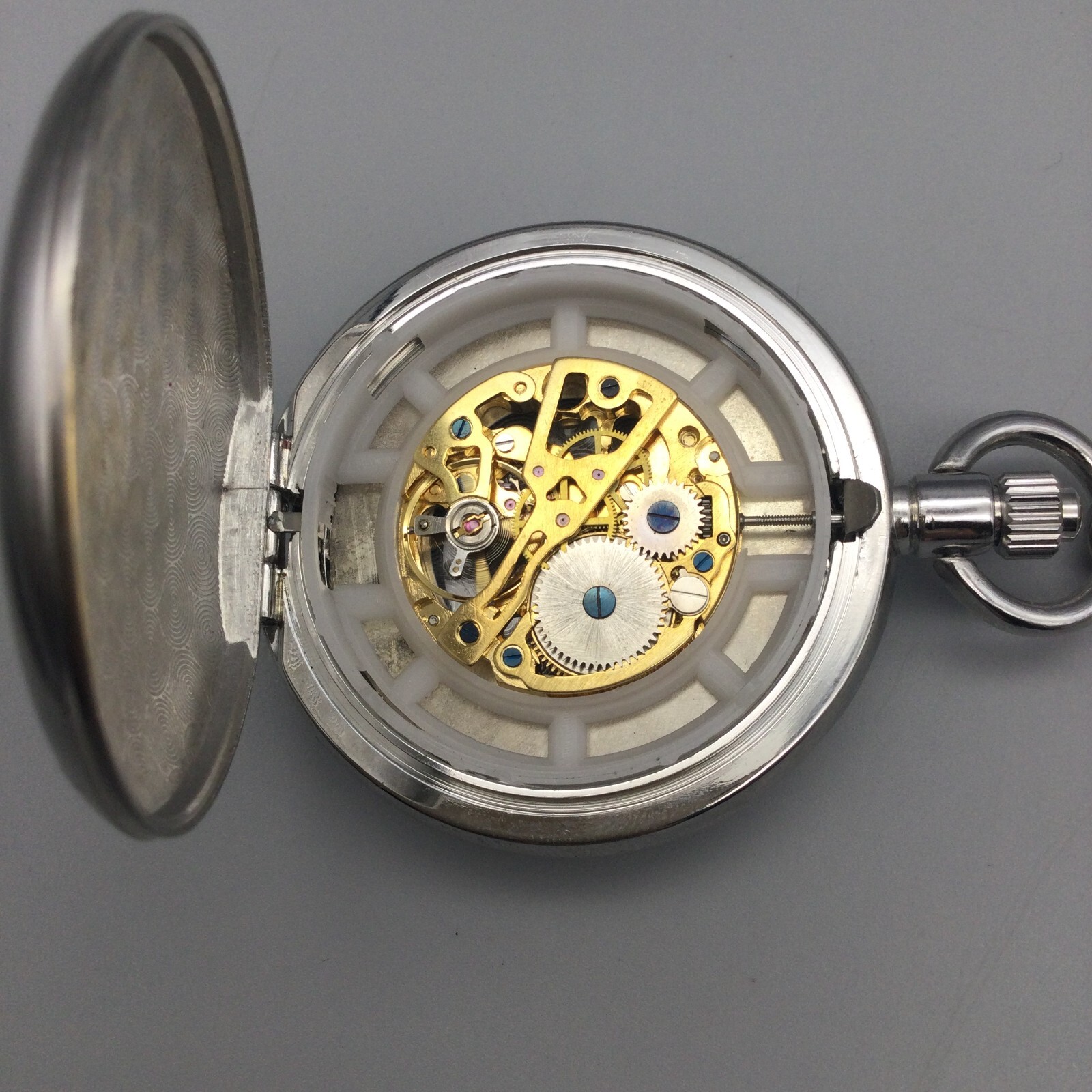 Danbury Skeleton Engraved Pocket Watch Silver Tone Blue Dial 49mm Manual Wind eBay