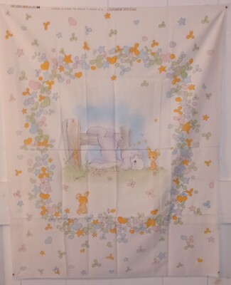 Precious Moments Blanket Fabric Panel Lamb Over Fence Bunnies Flowers Stars