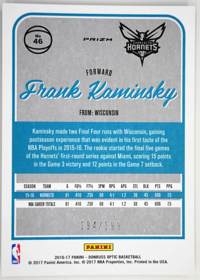 2016-17 Donruss Optic #46 Frank Kaminsky /199 橙色 Prizm Charlotte Hornets — 第 2/2 张图片