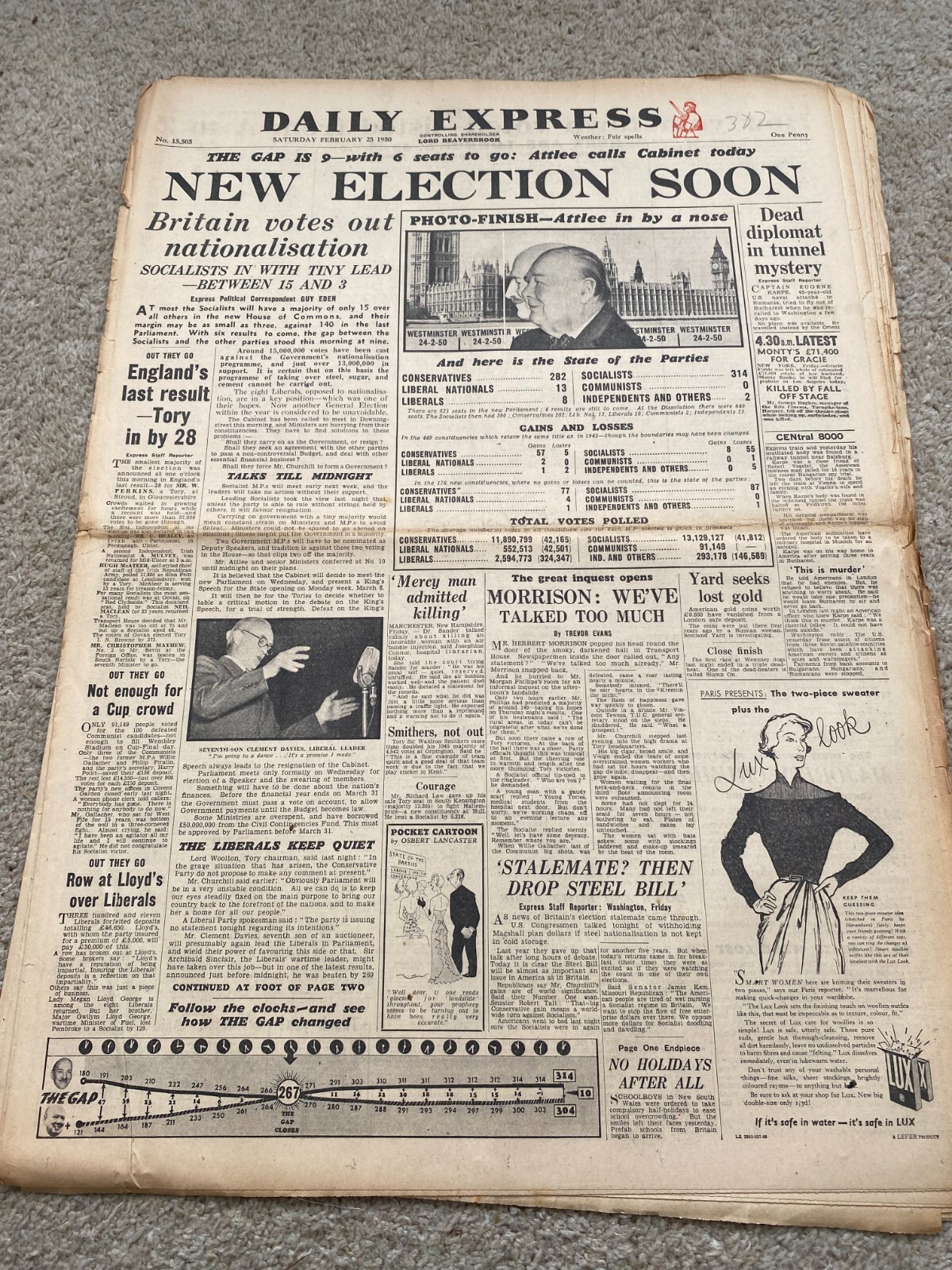 Daily Express Newspaper 25th February 1950 General Election Results ORIGINAL