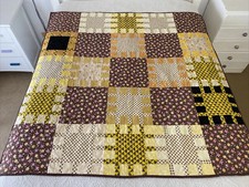 Large Handmade Patchwork Cotton Quilt Yellow / Brown Floral Geometric 150 cm