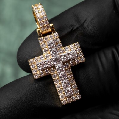 VVS Lab Grown 2.75Ct Excellent Cut 14K Yellow Gold Pointer Cross Pendant