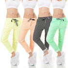Women Jogger Pants Drawstring Cotton Blend Vertical Stripe Trousers New