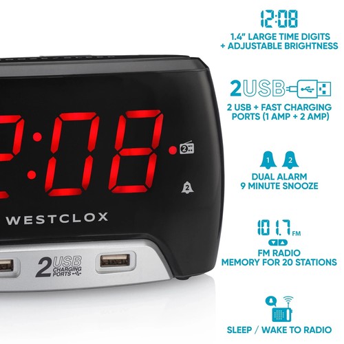 Westclox Large 1.4” Red LED Digital FM Clock Radio 2 USB Port with Fast Charge - Picture 2 of 2