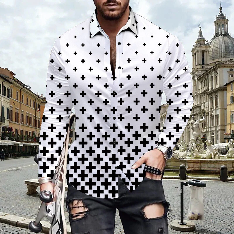Button Down Shirt Men Black White Plus Sign Contrast Gradient Long Sleeve Up Tee
