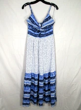 NWT JAPNA Blue/White FLORAL Challis KEYHOLE TWIST BUST Smocked Back MAXI DRESS S