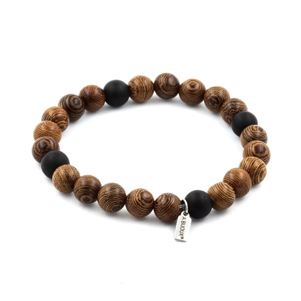 Mineralien Und Steine PréCieuses. Armband Perlen Schwarz Onyx Matt + Holz 8 Mm.-image