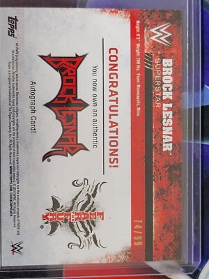 BROCK LESNAR 2016 WWE AUTOGRAPH Fear The Fury /99 Suplex City