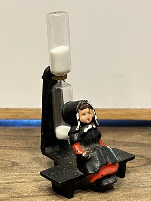 Vintage Cast Iron & Glass Egg Timer Amish PA Dutch Girl Bench  Tillie The Timer 