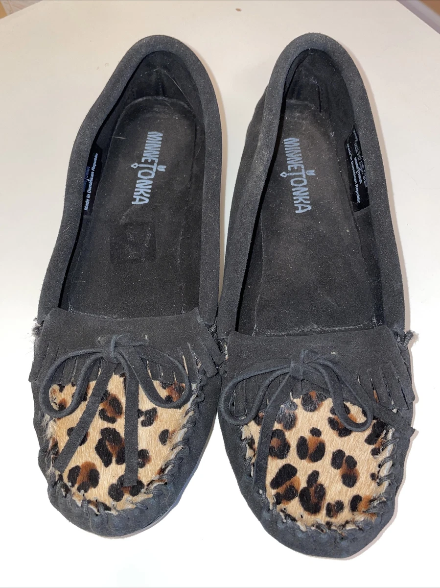 Minnetonka Moccasins Leopard Slip On Shoe Size 7 Fringe Black