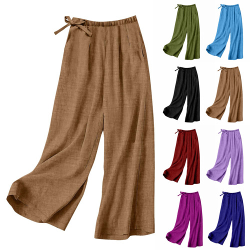 Women's Cotton Linen Pants Summer High Waisted Drawstring Wide Leg Palazzo Pants
