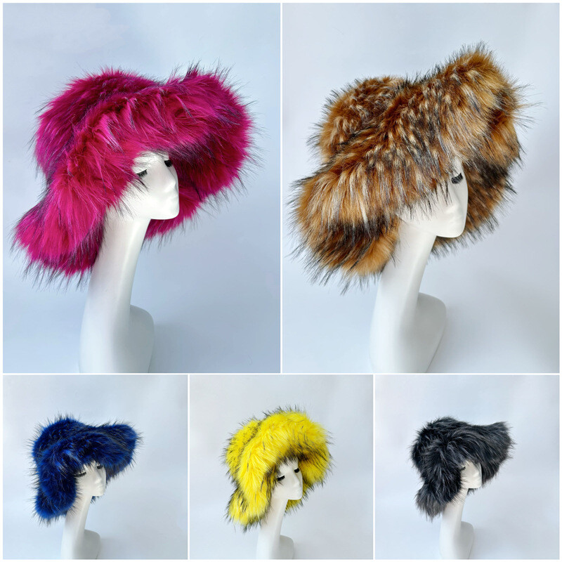 Women Faux Fur Bucket Hat Fluffy Wide Brim Oversized Plush Baggy