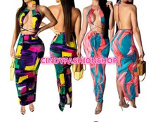 USA Women Halter Lace UP Sexy Sleeveless Open Back Print Maxi Bodycon Midi Dress