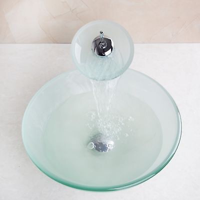 Bathroom Vessel Tempered Glass Sink Round Basin Bowl Waterfall Faucet Drain Set