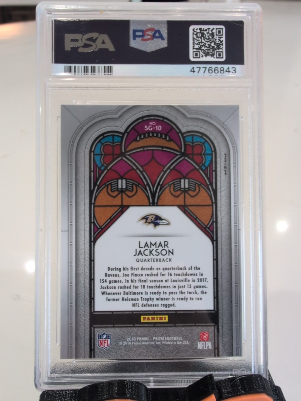 Panini 2018 Prizm Lamar Jackson Stained Glass Rookie SSP #SG-10 PSA 10 Case Hit! view 3