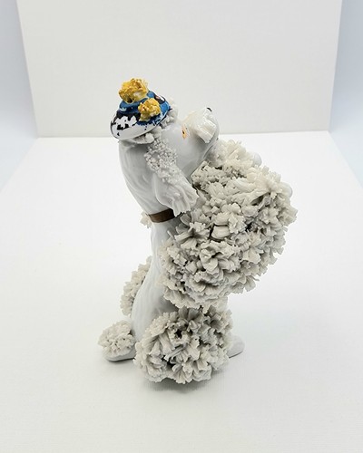 Weißer Spaghettibesatz französischer Pudel Vintage MCM Keramik 5,5" Hund Figur LESEN - Bild 7 von 15