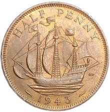 1943 Great Britain 1/2 Half Penny XF+ Eye appeal Coin KM 844 King George WWII