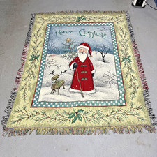 Folk Santa Tapestry Throw 51" X 68" Made In USA Fringed