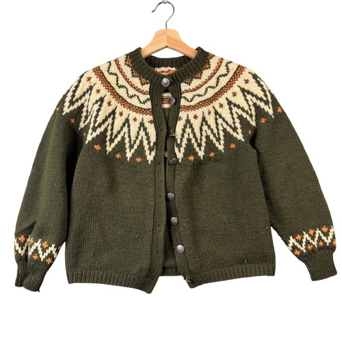 Vintage Handknitted In Norway 100% Wool Cardigan Sweater Olive Green Fair Isle, $29.99