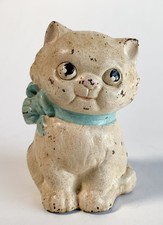 Vintage Hubley Cast Iron Cat Bank Blue Bow - Original Paint Banking Money