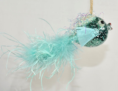Pottery Barn Blowfish Fish Sequin Feather Christmas Ornament Ocean Sea Coastal