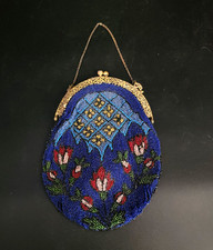 Antique Seed Bead Purse Royal Blue Floral Handbag Metal Frame