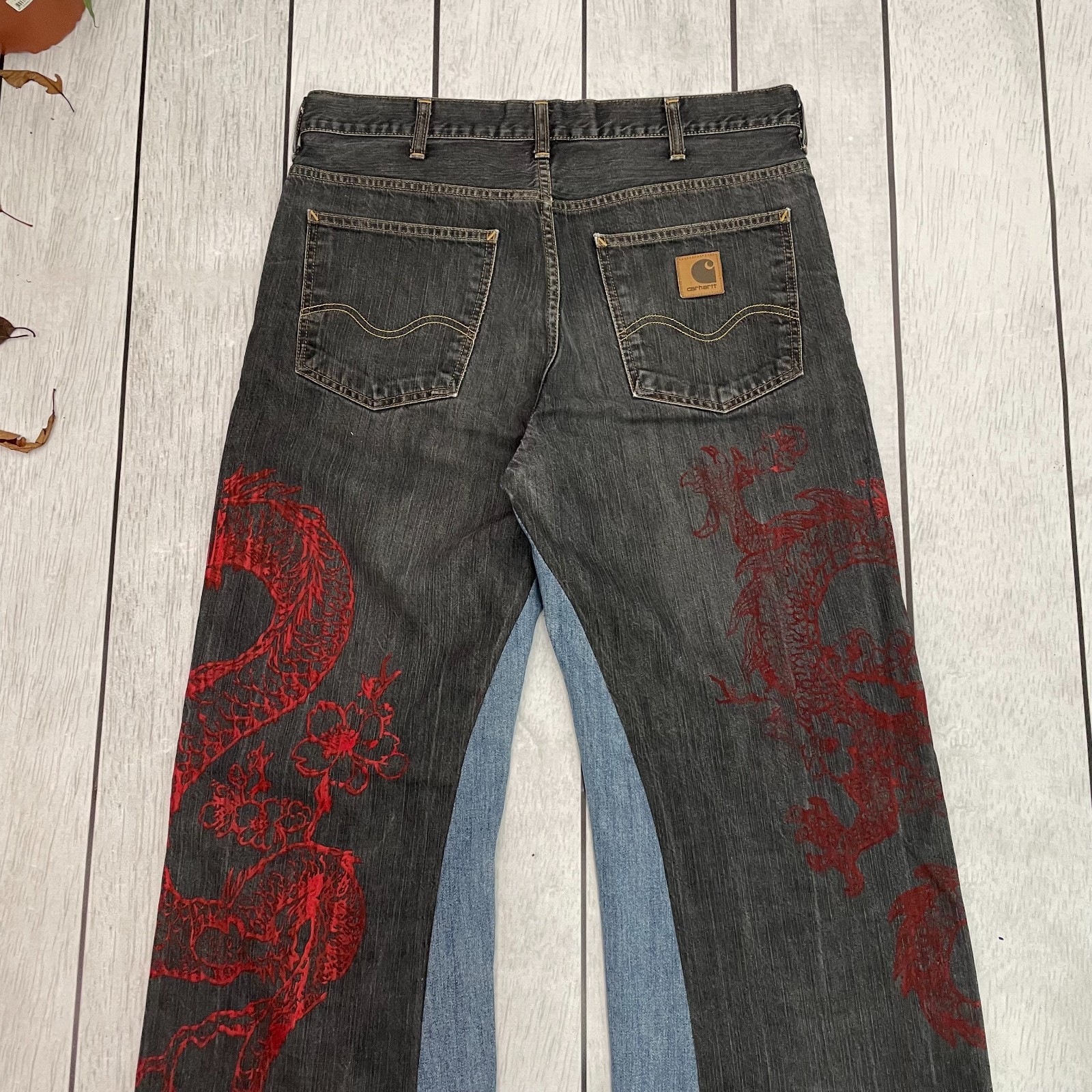 Custom Carhartt Flared Jeans baggy fit Red dragon japan style thumbnail 8