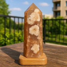 Flower Agate Tower Crystal Point Natural Stone Wand Energy Healing Home Decor