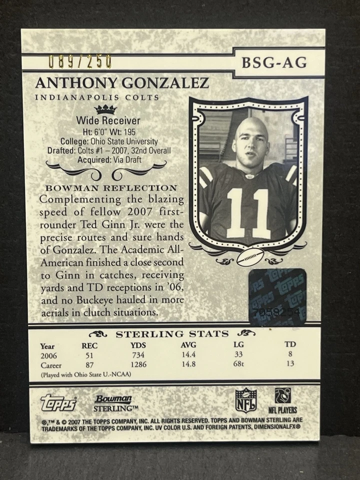 Parche automático Anthony Gonzalez RC 2007 Bowman oro esterlina/250 Buckeyes Colts RPA Foto 2 de 4