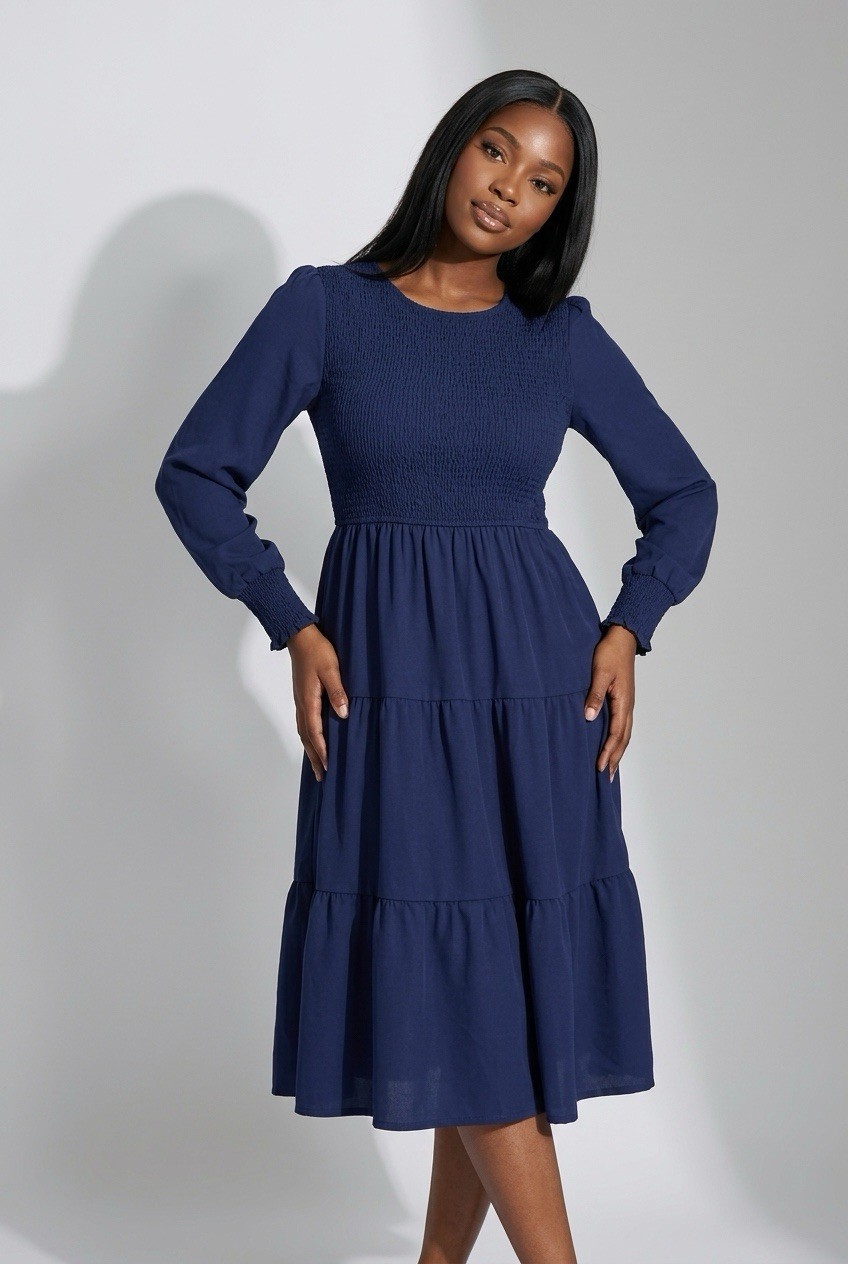 NWT Women’s Smocked Tiered Midi Dress Large Navy Blue Long Sleeve Boho