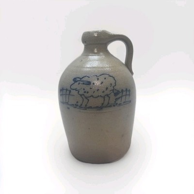   Rowe Pottery Works 1988 Salt Glazed Sheep ~45oz Stoneware Jug 8  Cobalt Blue