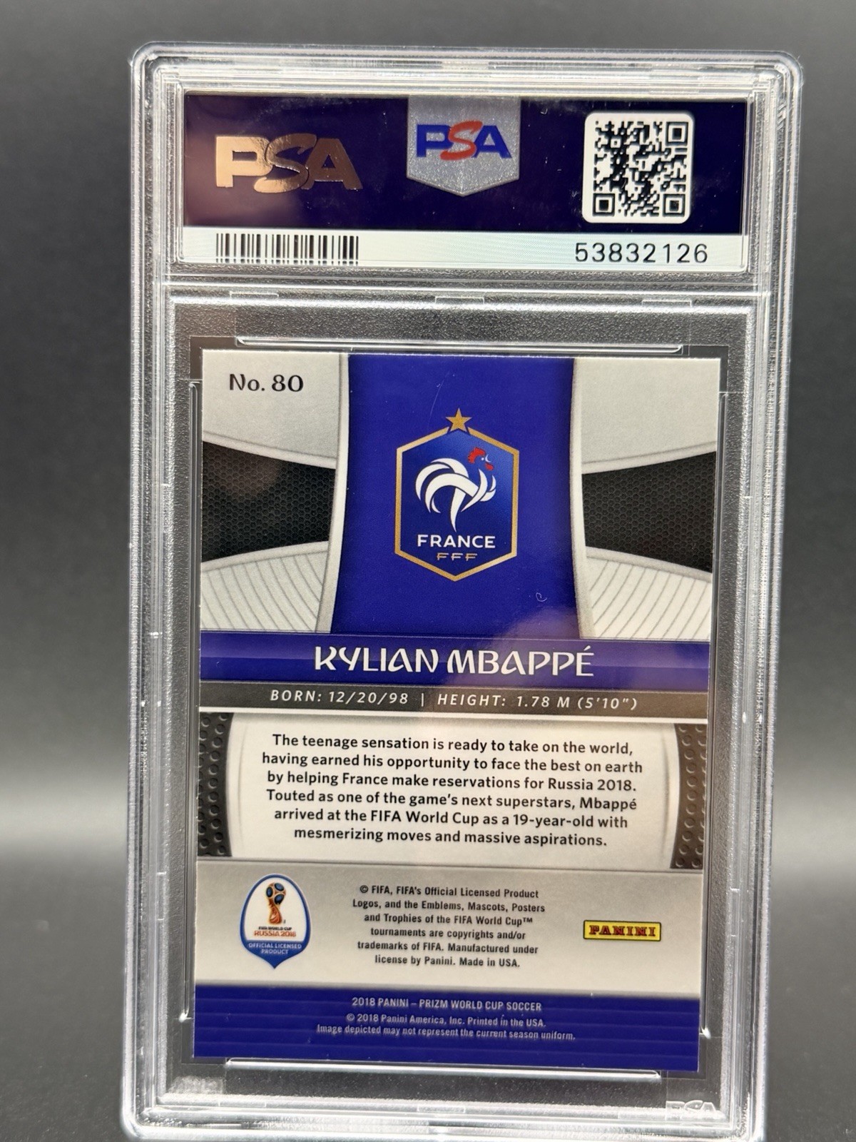 2018 Panini Prizm World Cup Kylian Mbappe Rookie RC #80 France PSA 9 view 2