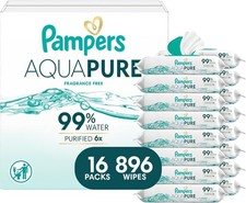 Pampers Aqua Pure Baby Wipes, Unscented, Fragrance 56 Count Pack of 16