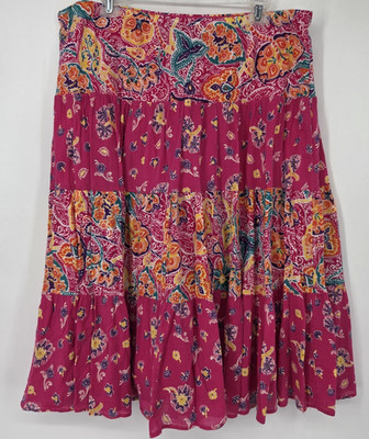 Chaps Tiered Pull On Boho Peasant Mid Skirt Size XL Pink Paisley Floral Colorful